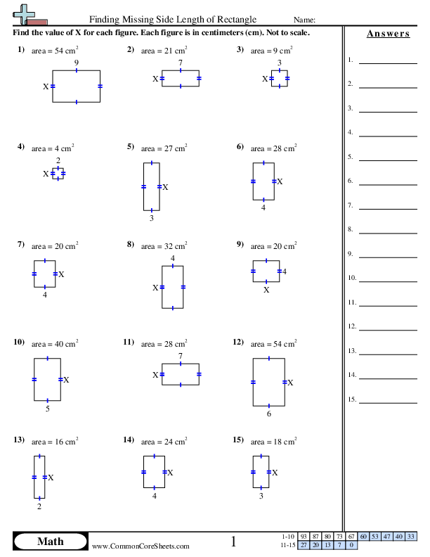 Area & Perimeter Worksheets - Finding Missing Side Length of Rectangle worksheet